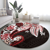 Monstera Plumeria Flowers Red Round Carpet Polynesian Pattern