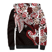 Monstera Plumeria Flowers Red Sherpa Hoodie Polynesian Pattern