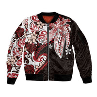 Monstera Plumeria Flowers Red Sleeve Zip Bomber Jacket Polynesian Pattern