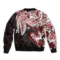 Monstera Plumeria Flowers Red Sleeve Zip Bomber Jacket Polynesian Pattern