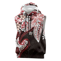 Monstera Plumeria Flowers Red Sleeveless Zip Hoodie Polynesian Pattern