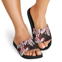 Monstera Plumeria Flowers Red Slide Sandals Polynesian Pattern