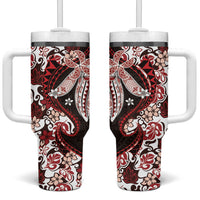 Monstera Plumeria Flowers Red Tumbler With Handle Polynesian Pattern