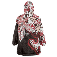 Monstera Plumeria Flowers Red Wearable Blanket Hoodie Polynesian Pattern