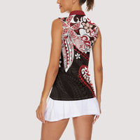 Monstera Plumeria Flowers Red Women Sleeveless Polo Shirt Polynesian Pattern