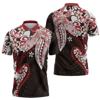 Monstera Plumeria Flowers Red Zipper Polo Shirt Polynesian Pattern