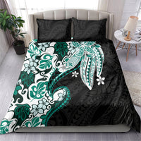 Monstera Plumeria Flowers Teal Bedding Set Polynesian Pattern