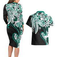Monstera Plumeria Flowers Teal Couples Matching Long Sleeve Bodycon Dress and Hawaiian Shirt Polynesian Pattern