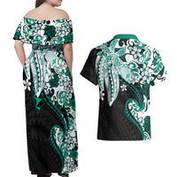 Monstera Plumeria Flowers Teal Couples Matching Off Shoulder Maxi Dress and Hawaiian Shirt Polynesian Pattern