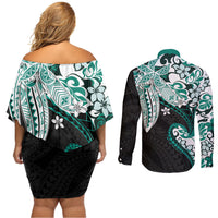 Monstera Plumeria Flowers Teal Couples Matching Off Shoulder Short Dress and Long Sleeve Button Shirt Polynesian Pattern