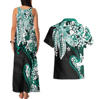 Monstera Plumeria Flowers Teal Couples Matching Tank Maxi Dress and Hawaiian Shirt Polynesian Pattern