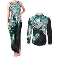 Monstera Plumeria Flowers Teal Couples Matching Tank Maxi Dress and Long Sleeve Button Shirt Polynesian Pattern