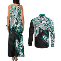 Monstera Plumeria Flowers Teal Couples Matching Tank Maxi Dress and Long Sleeve Button Shirt Polynesian Pattern