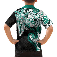 Monstera Plumeria Flowers Teal Family Matching Long Sleeve Bodycon Dress and Hawaiian Shirt Polynesian Pattern LT01 - Polynesian Pride