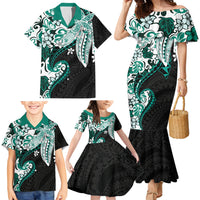 Monstera Plumeria Flowers Teal Family Matching Mermaid Dress and Hawaiian Shirt Polynesian Pattern LT01 - Polynesian Pride