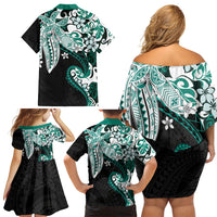 Monstera Plumeria Flowers Teal Family Matching Off Shoulder Short Dress and Hawaiian Shirt Polynesian Pattern