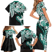 Monstera Plumeria Flowers Teal Family Matching Short Sleeve Bodycon Dress and Hawaiian Shirt Polynesian Pattern LT01 - Polynesian Pride
