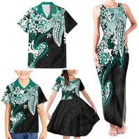 Monstera Plumeria Flowers Teal Family Matching Tank Maxi Dress and Hawaiian Shirt Polynesian Pattern