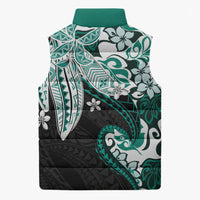 Monstera Plumeria Flowers Teal Sleeveless Puffer Jacket Polynesian Pattern