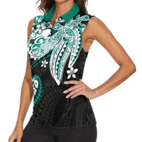 Monstera Plumeria Flowers Teal Women Sleeveless Polo Shirt Polynesian Pattern