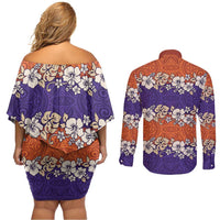 Hawaiian Hibiscus Couples Matching Off Shoulder Short Dress and Long Sleeve Button Shirt Orange and Purple Unique