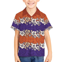 Hawaiian Hibiscus Family Matching Off Shoulder Short Dress and Hawaiian Shirt Orange and Purple Unique