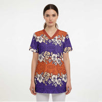 Hawaiian Hibiscus Scrub Top Orange and Purple Unique - Polynesian Pride