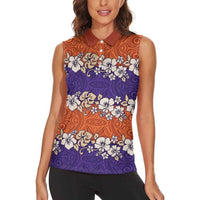 Hawaiian Hibiscus Women Sleeveless Polo Shirt Orange and Purple Unique
