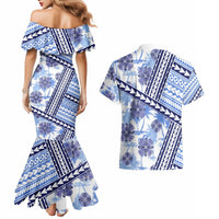 Hawaii Quilt Couples Matching Mermaid Dress and Hawaiian Shirt Kakau Polynesian Pattern Blue Version LT01 - Polynesian Pride