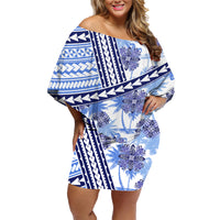 Hawaii Quilt Family Matching Off Shoulder Short Dress and Hawaiian Shirt Kakau Polynesian Pattern Blue Version LT01 Mom's Dress Blue - Polynesian Pride