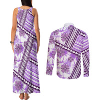 Hawaii Quilt Couples Matching Tank Maxi Dress and Long Sleeve Button Shirt Kakau Polynesian Pattern Lilac Version LT01 - Polynesian Pride