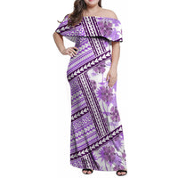 Hawaii Quilt Family Matching Off Shoulder Maxi Dress and Hawaiian Shirt Kakau Polynesian Pattern Lilac Version LT01 Mom's Dress Purple - Polynesian Pride