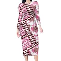 Hawaii Quilt Family Matching Long Sleeve Bodycon Dress and Hawaiian Shirt Kakau Polynesian Pattern Mauve Pink Version LT01 Mom's Dress Pink - Polynesian Pride