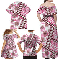Hawaii Quilt Family Matching Off Shoulder Maxi Dress and Hawaiian Shirt Kakau Polynesian Pattern Mauve Pink Version LT01 - Polynesian Pride