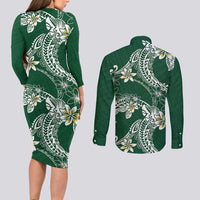 Polynesian Hawaiian Plumeria Tribal Pattern Couples Matching Long Sleeve Bodycon Dress and Long Sleeve Button Shirt Green Version