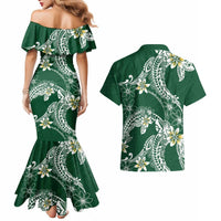 Polynesian Hawaiian Plumeria Tribal Pattern Couples Matching Mermaid Dress and Hawaiian Shirt Green Version
