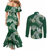 Polynesian Hawaiian Plumeria Tribal Pattern Couples Matching Mermaid Dress and Long Sleeve Button Shirt Green Version