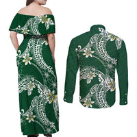 Polynesian Hawaiian Plumeria Tribal Pattern Couples Matching Off Shoulder Maxi Dress and Long Sleeve Button Shirt Green Version