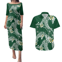 Polynesian Hawaiian Plumeria Tribal Pattern Couples Matching Puletasi and Hawaiian Shirt Green Version