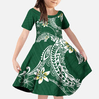 Polynesian Hawaiian Plumeria Tribal Pattern Family Matching Off The Shoulder Long Sleeve Dress and Hawaiian Shirt Green Version