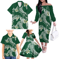 Polynesian Hawaiian Plumeria Tribal Pattern Family Matching Off The Shoulder Long Sleeve Dress and Hawaiian Shirt Green Version