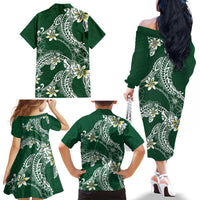 Polynesian Hawaiian Plumeria Tribal Pattern Family Matching Off The Shoulder Long Sleeve Dress and Hawaiian Shirt Green Version