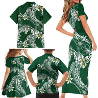 Polynesian Hawaiian Plumeria Tribal Pattern Family Matching Short Sleeve Bodycon Dress and Hawaiian Shirt Green Version LT01 - Polynesian Pride