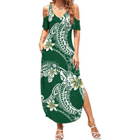 Polynesian Hawaiian Plumeria Tribal Pattern Family Matching Summer Maxi Dress and Hawaiian Shirt Green Version