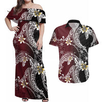 Polynesian Hawaiian Plumeria Tribal Pattern Couples Matching Off Shoulder Maxi Dress and Hawaiian Shirt Special Wine Red Version