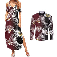 Polynesian Hawaiian Plumeria Tribal Pattern Couples Matching Summer Maxi Dress and Long Sleeve Button Shirt Special Wine Red Version
