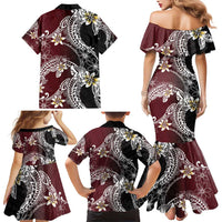 Polynesian Hawaiian Plumeria Tribal Pattern Family Matching Mermaid Dress and Hawaiian Shirt Special Wine Red Version