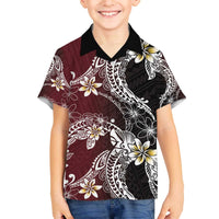 Polynesian Hawaiian Plumeria Tribal Pattern Family Matching Off The Shoulder Long Sleeve Dress and Hawaiian Shirt Special Wine Red Version