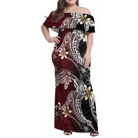 Polynesian Hawaiian Plumeria Tribal Pattern Family Matching Off Shoulder Maxi Dress and Hawaiian Shirt Special Wine Red Version