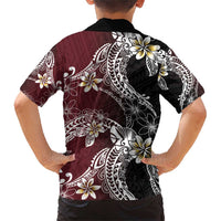 Polynesian Hawaiian Plumeria Tribal Pattern Family Matching Short Sleeve Bodycon Dress and Hawaiian Shirt Special Wine Red Version